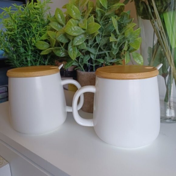AAI Couple Coffee Mugs | 12 oz | Set of 2 | Ceramic with Bamboo Lid & Spoon - Picture 3 of 9